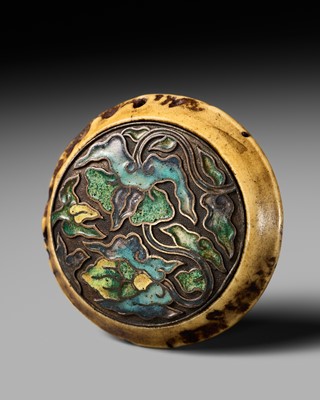 Lot 324 - A FINE CHAMPLEVÉ AND ANTLER KAGAMIBUTA NETSUKE