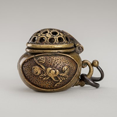 Lot 1237 - A BRASS ASHTRAY NETSUKE DEPICTING AN INCIENSE BURNER