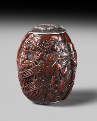 Lot 337 - A RARE KURUMI (WALNUT) NETSUKE WITH KIKU AND GOURDS