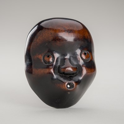 Lot 1445 - A KYOGEN WOOD MASK NETSUKE OF USOFUKI