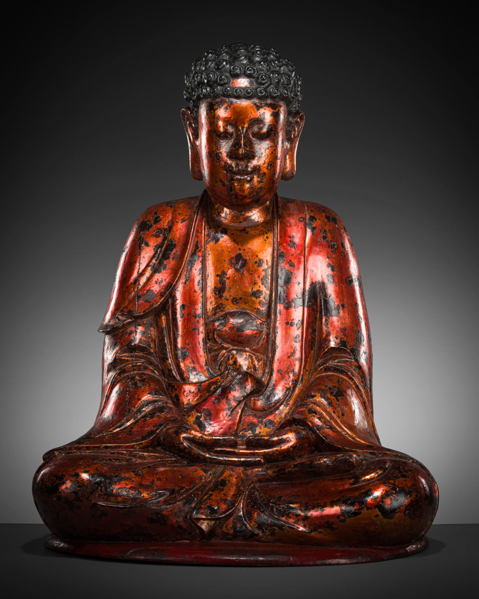 Lot 409 - A LARGE GILT-LACQUERED WOOD STATUE OF BUDDHA,