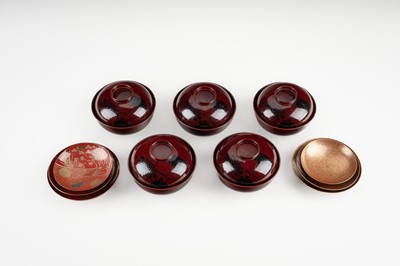 Lot 1567 - A LOT WITH FIVE LACQUER BOWLS AND COVERS AND SIX DISHES