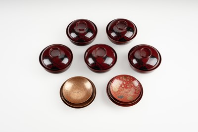 Lot 1567 - A LOT WITH FIVE LACQUER BOWLS AND COVERS AND SIX DISHES