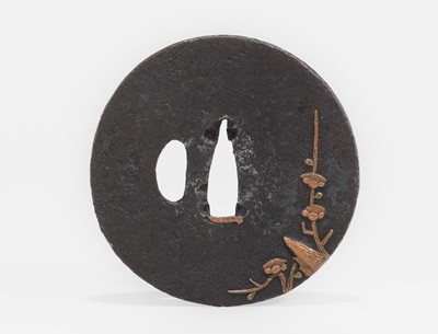 Lot 1514 - AN AIZU-SHOAMI SCHOOL IRON TSUBA WITH PLUM BLOSSOMS