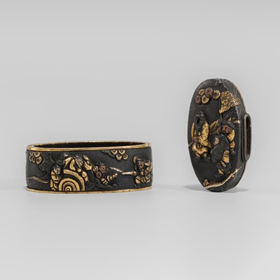 Lot 1647 - SOTEN KITAGAWA: A SHAKUDO FUCHI AND KASHIRA WITH SAMURAI IN A LANDSCAPE