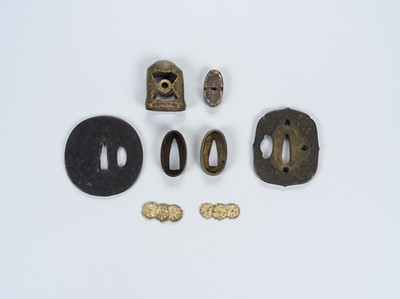Lot 1897 - A SET OF SWORD FITTINGS WITH TWO TSUBA, A PAIR OF MENUKI, TWO FUCHI, AND TWO KASHIRA