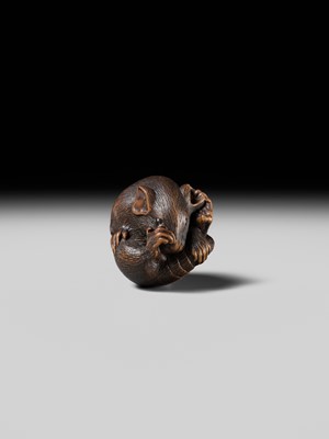 Lot 148 - MASATADA: A FINE WOOD NETSUKE OF A COILED RAT