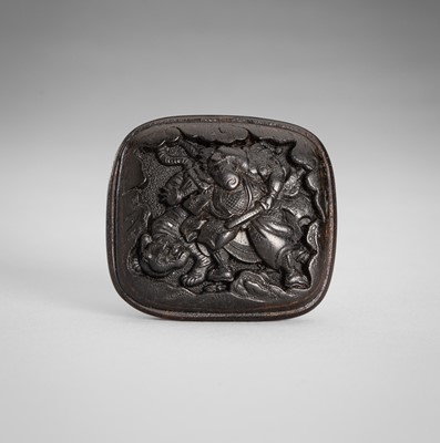 Lot 1789 - A PRESSED HORN MANJU NETSUKE OF HADESU AND THE TIGER