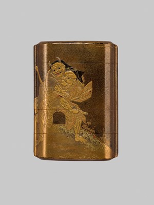 Lot 15 - MITSUSADA SHUNSHO: A FINE FOUR-CASE LACQUER INRO DEPICTING OMORI HIKOSHICHI