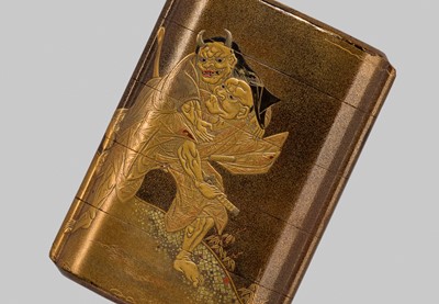 Lot 15 - MITSUSADA SHUNSHO: A FINE FOUR-CASE LACQUER INRO DEPICTING OMORI HIKOSHICHI