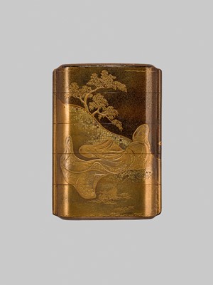 Lot 15 - MITSUSADA SHUNSHO: A FINE FOUR-CASE LACQUER INRO DEPICTING OMORI HIKOSHICHI