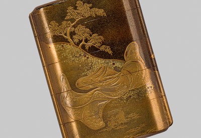 Lot 15 - MITSUSADA SHUNSHO: A FINE FOUR-CASE LACQUER INRO DEPICTING OMORI HIKOSHICHI