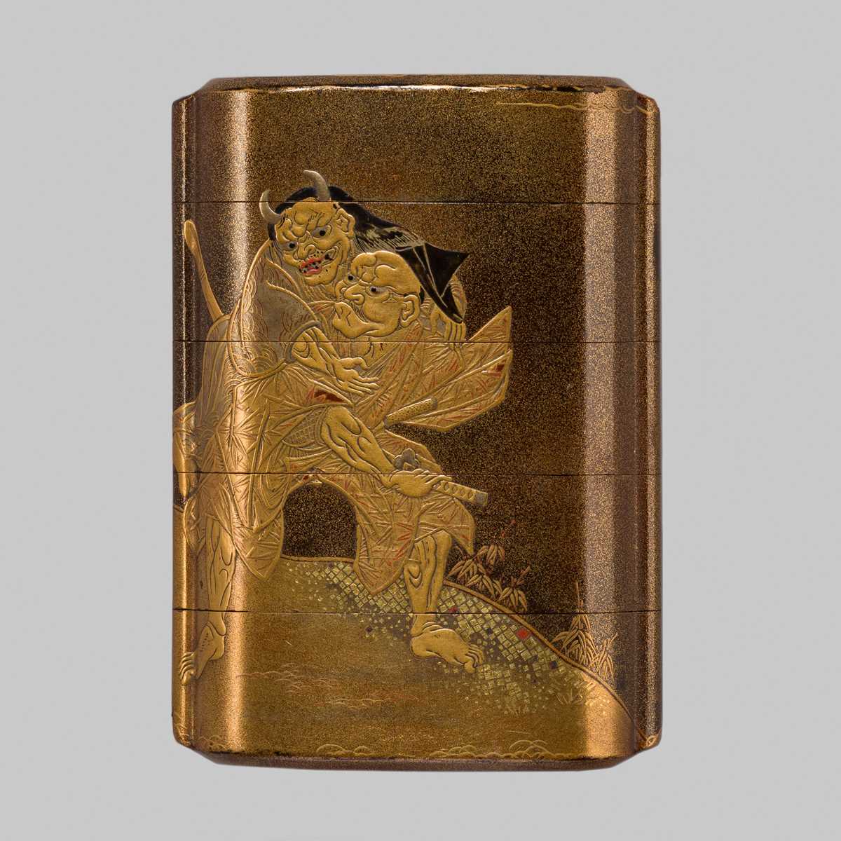 Lot 15 - MITSUSADA SHUNSHO: A FINE FOUR-CASE LACQUER INRO DEPICTING OMORI HIKOSHICHI