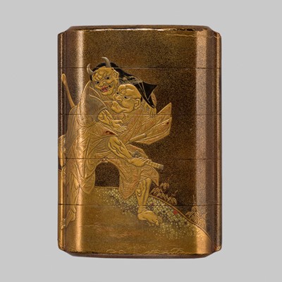 Lot 15 - MITSUSADA SHUNSHO: A FINE FOUR-CASE LACQUER INRO DEPICTING OMORI HIKOSHICHI