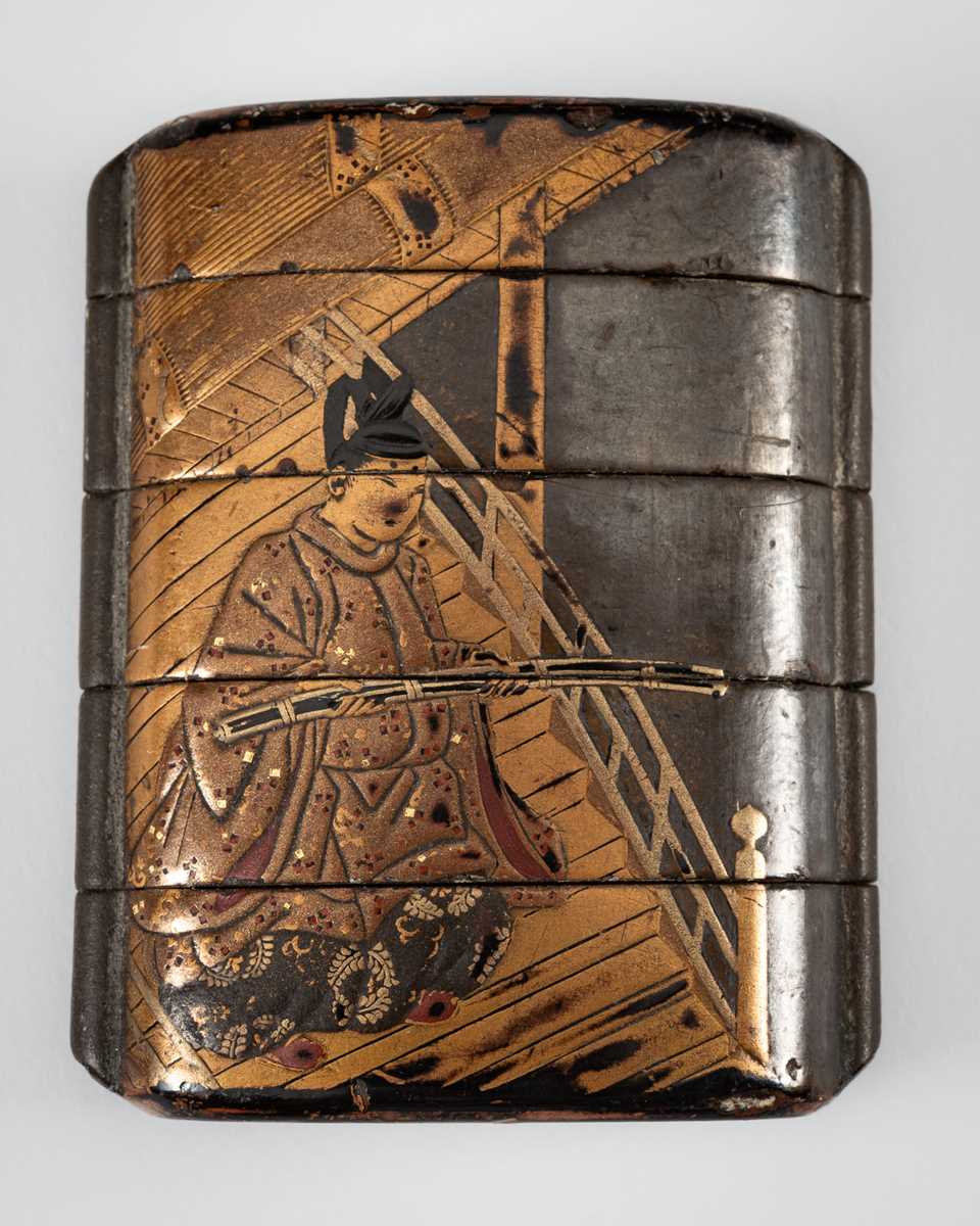 Lot 244 - A FOUR-CASE LACQUER INRO DEPICTING TWO SAMURAI