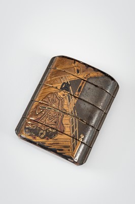 Lot 244 - A FOUR-CASE LACQUER INRO DEPICTING TWO SAMURAI