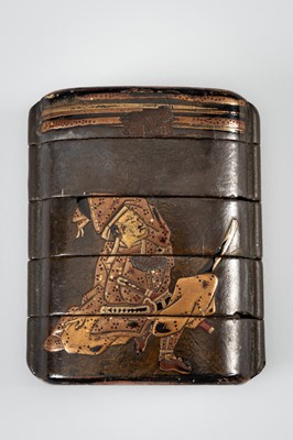 Lot 244 - A FOUR-CASE LACQUER INRO DEPICTING TWO SAMURAI