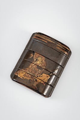 Lot 244 - A FOUR-CASE LACQUER INRO DEPICTING TWO SAMURAI