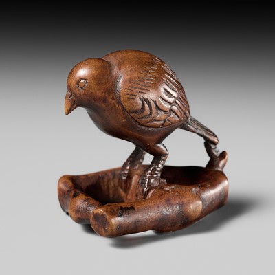 Lot 445 - MITSUKAZU: A FINE WOOD NETSUKE OF A BIRD ON A BRANCH