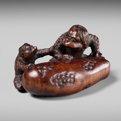 Lot 244 - GYOKUMIN: A HUMOROUS WOOD NETSUKE OF A KAPPA AND YOUNG ON A CUCUMBER