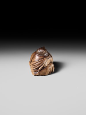 Lot 243 - A FINE AND HUMOROUS WOOD NETSUKE OF TANUKI DISGUISED AS A PRIEST