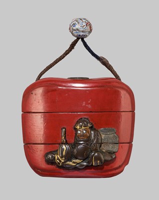 Lot 1149 - A SMALL RED LACQUER TWO-CASE INRO WITH EMMA-O AND FUDO MYO-O