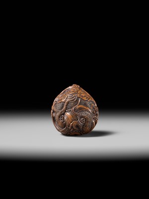 Lot 334 - TORYUSAI KOZAN: A SUPERB KURUMI (WALNUT) NETSUKE OF A DRAGON, DATED 1848