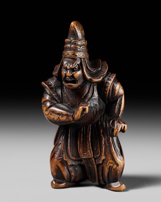 Lot 455 - TSUNEMASA: A FINE WOOD NETSUKE OF A BUGAKU DANCER