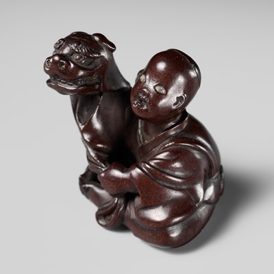 Lot 220 - MIWA: A FINE WOOD NETSUKE OF A KARAKO WITH SHISHIMAI MASK