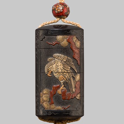 Lot 4 - CHIKUGAKU: A RARE THREE-CASE KAMAKURA-BORI INRO WITH EAGLE AND PINE