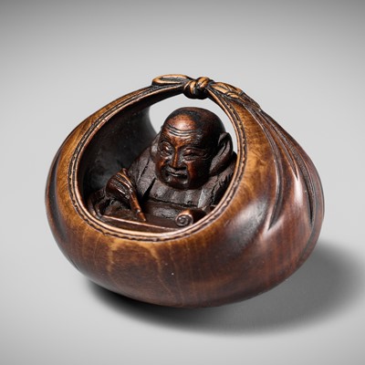 Lot 229 - HOSHUNSAI MASAYUKI: A FINE WOOD NETSUKE OF HOTEI IN HIS TREASURE BAG