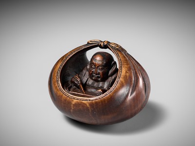 Lot 229 - HOSHUNSAI MASAYUKI: A FINE WOOD NETSUKE OF HOTEI IN HIS TREASURE BAG