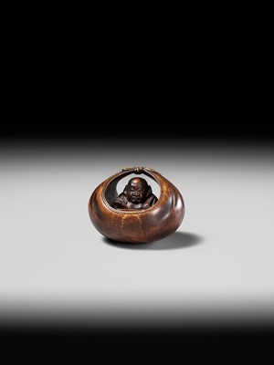 Lot 229 - HOSHUNSAI MASAYUKI: A FINE WOOD NETSUKE OF HOTEI IN HIS TREASURE BAG