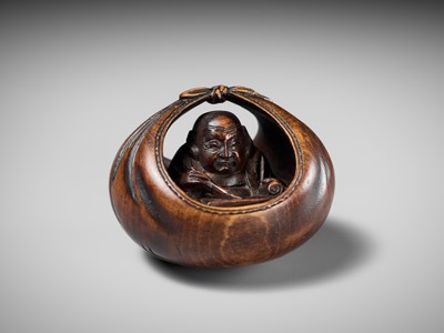 Lot 229 - HOSHUNSAI MASAYUKI: A FINE WOOD NETSUKE OF HOTEI IN HIS TREASURE BAG