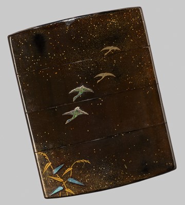 Lot 11 - A VERY RARE ENAMELED THREE-CASE LACQUER INRO WITH GEESE AND MOON