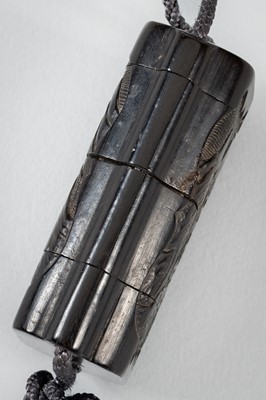 Lot 1433 - A RARE SOAPSTONE THREE-CASE INRO WITH A MOUNTAINVIEW