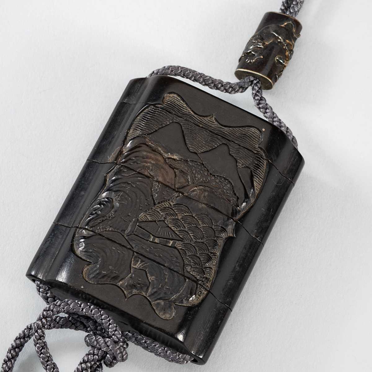 Lot 1433 - A RARE SOAPSTONE THREE-CASE INRO WITH A MOUNTAINVIEW