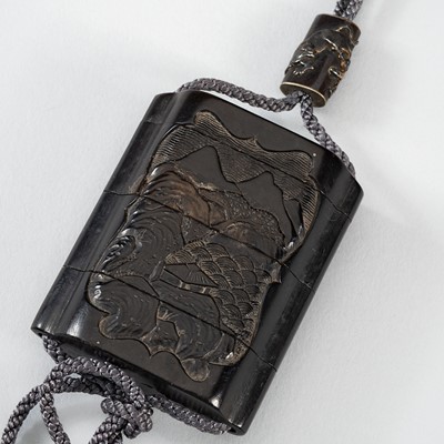 Lot 1433 - A RARE SOAPSTONE THREE-CASE INRO WITH A MOUNTAINVIEW