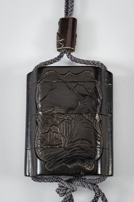Lot 1433 - A RARE SOAPSTONE THREE-CASE INRO WITH A MOUNTAINVIEW