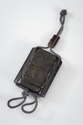Lot 1433 - A RARE SOAPSTONE THREE-CASE INRO WITH A MOUNTAINVIEW