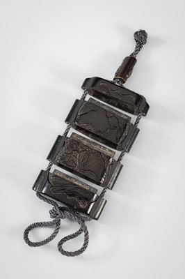Lot 1433 - A RARE SOAPSTONE THREE-CASE INRO WITH A MOUNTAINVIEW