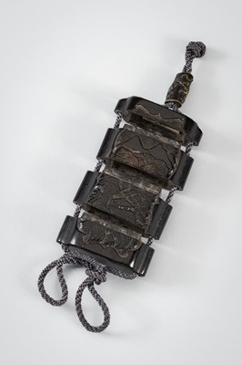 Lot 1433 - A RARE SOAPSTONE THREE-CASE INRO WITH A MOUNTAINVIEW