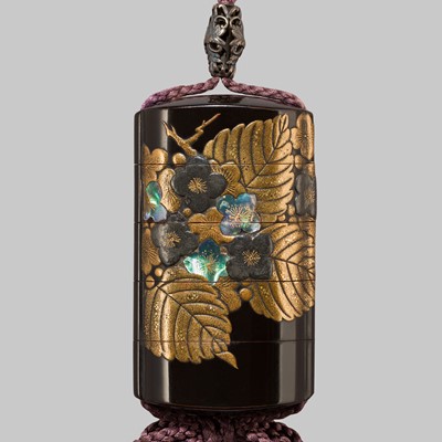 Lot 10 - JOKA: A RINPA STYLE FOUR-CASE INRO WITH PLUM BLOSSOMS