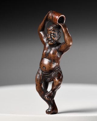 Lot 128 - SHURAKU: A RARE WOOD NETSUKE OF A DANCER