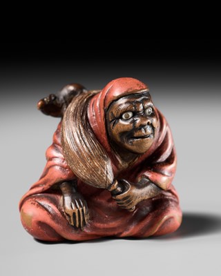 Lot 106 - AN AMUSING LACQUERED AND INLAID OSAKA SCHOOL WOOD NETSUKE OF DARUMA AND RAT