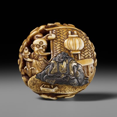 Lot 262 - KOSAI: A SUPERB WALRUS TUSK RYUSA MANJU NETSUKE DEPICTING MINAMOTO NO YORIMITSU AND THE EARTH SPIDER