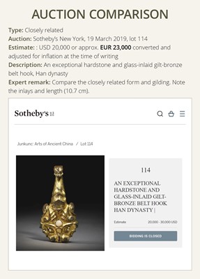 Lot 67 - A GILT BRONZE ‘TIGER’ BELT HOOK, GOU, HAN DYNASTY