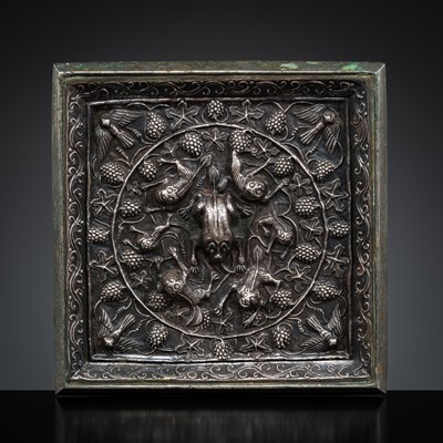 Lot 72 - A RARE ‘LION AND GRAPEVINE’ SILVER-INSET BRONZE MIRROR, TANG DYNASTY