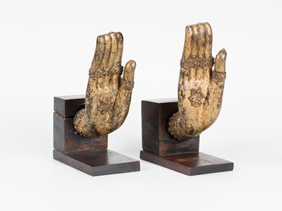 Lot 1033 - A PAIR OF GILT-LACQUERED BRONZE BEJEWELED HANDS OF BUDDHA, 19th CENTURY