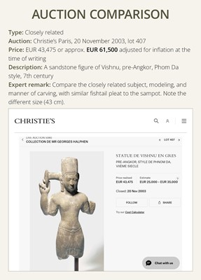 Lot 234 - AN IMPORTANT AND LARGE SANDSTONE FIGURE OF VISHNU, PRE-ANGKOR PERIOD, PHNOM DA STYLE